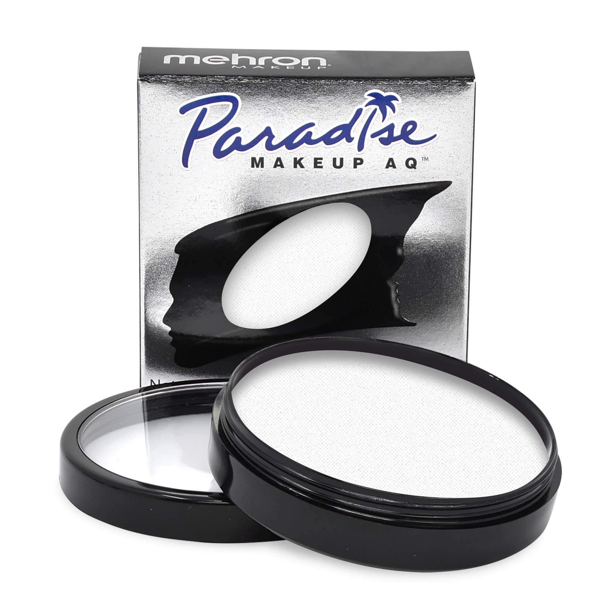 Mehron Paradise Makeup AQ white paint swatches on palette for stage-ready color.
