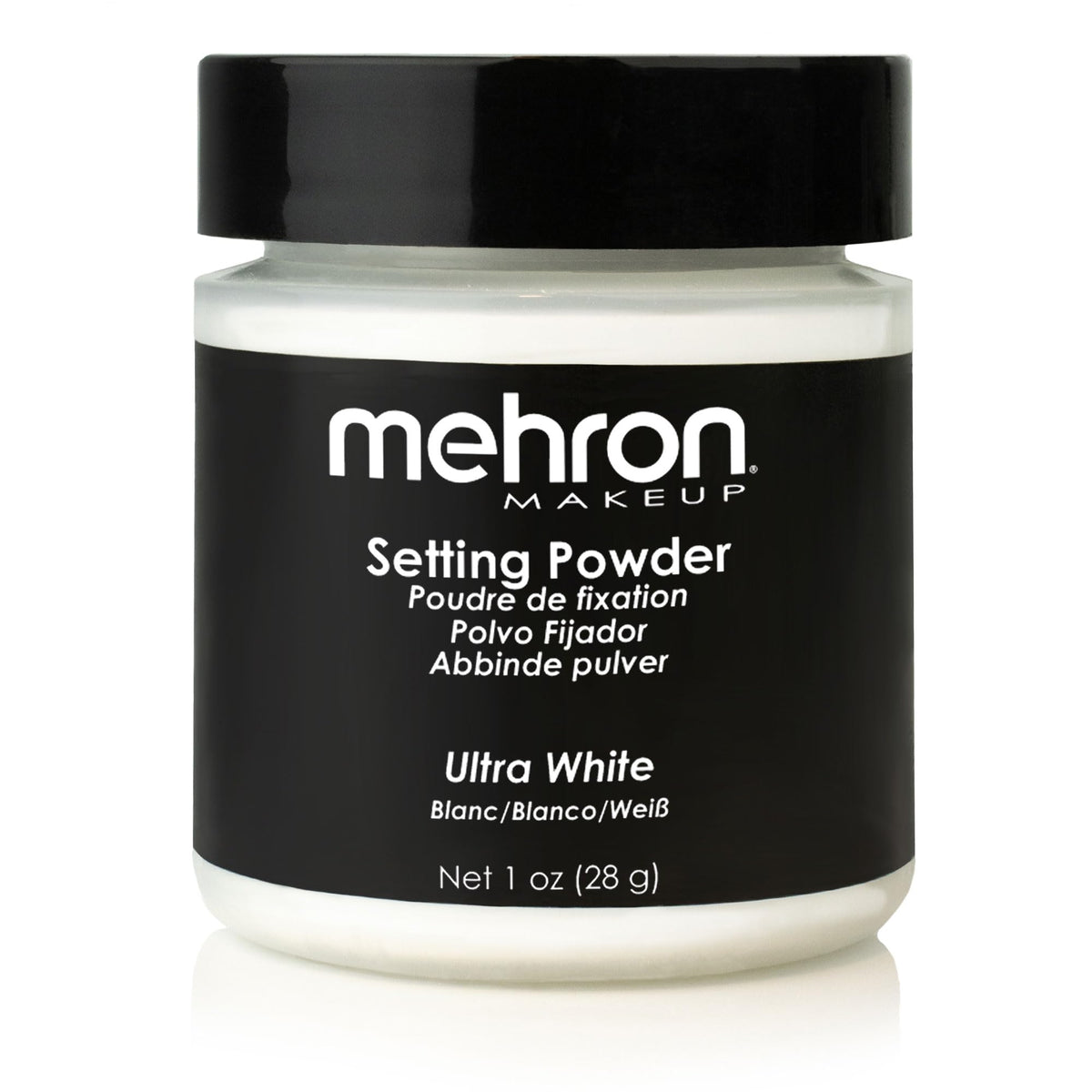 Mehron setting powder 1oz Ultra White container for long-lasting makeup hold