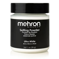 Mehron setting powder 1oz Ultra White container for long-lasting makeup hold