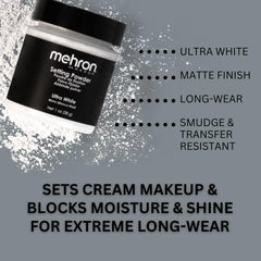 Mehron setting powder 1oz Ultra White dusting technique for shine reduction