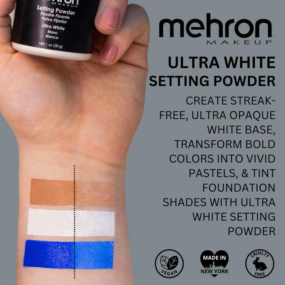 Mehron setting powder 1oz Ultra White on-set makeup under studio lighting longevity