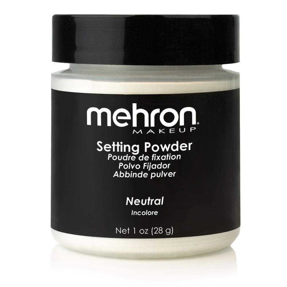 Mehron makeup setting powder neutral 1oz container with sifter for extended wear.