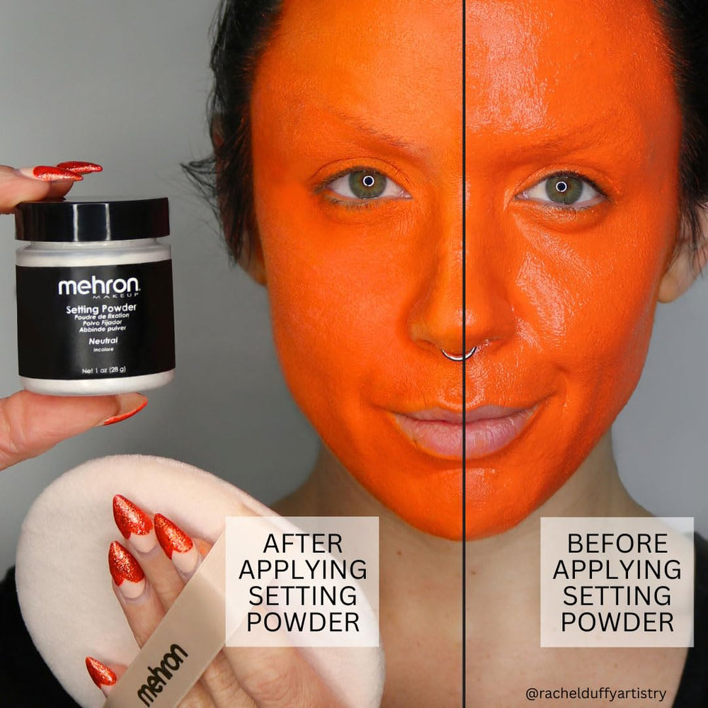 Mehron setting powder shown with powder puff for moisture absorption during makeup setting.