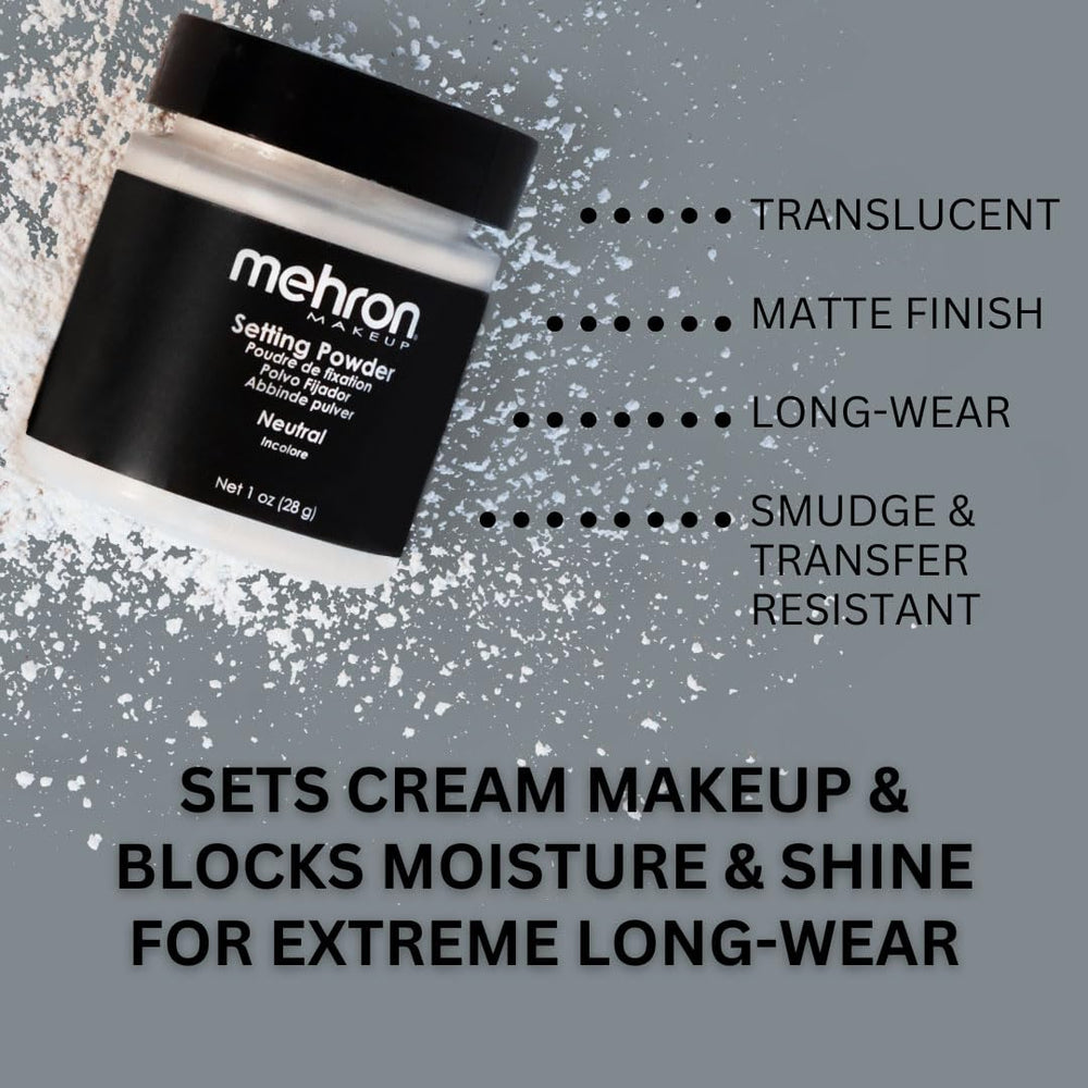Close-up of Mehron setting powder sifter open for easy application.