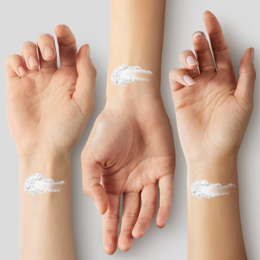 Fine texture of Mehron setting powder seen on skin for natural finish.