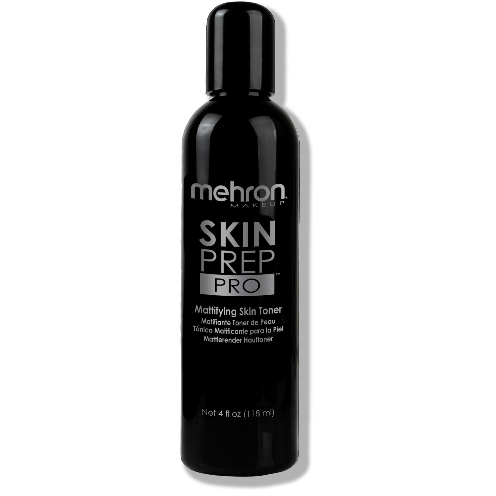 Mehron Skin Prep Pro bottle shown for mattifying primer and long wear.