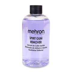 Mehron Spirit Gum Remover bottle close-up showing professional-grade formula for safe SFX removal.