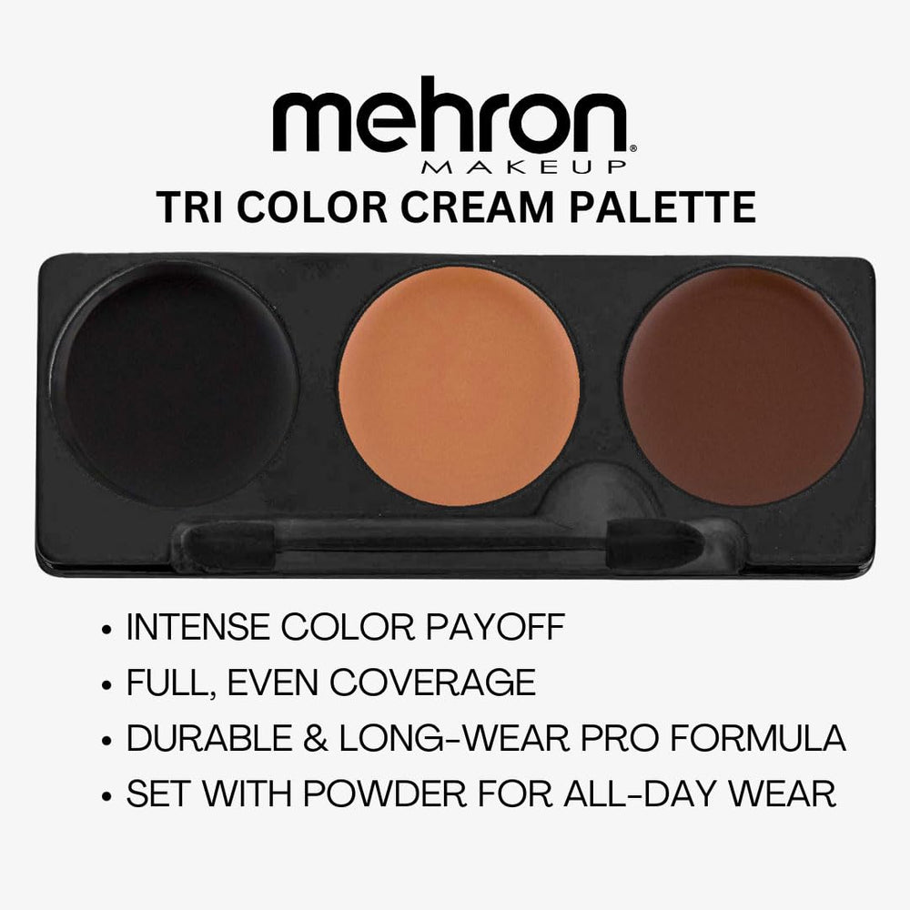 Mehron Tri-Color Werewolf Palette swatches show pigment-rich colors for dramatic FX.