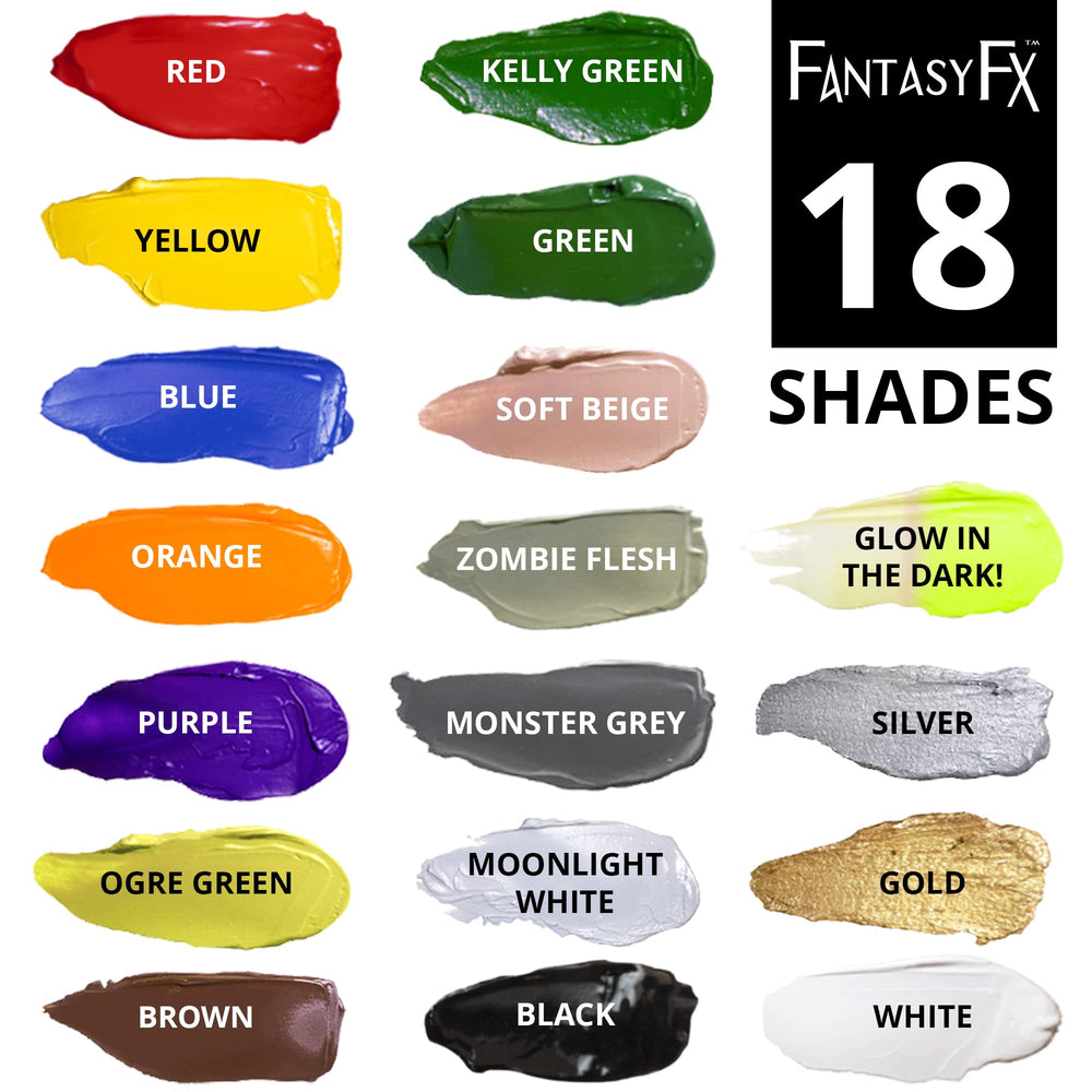 Mehron water-based green face paint on skin emphasizes safe, versatile use.