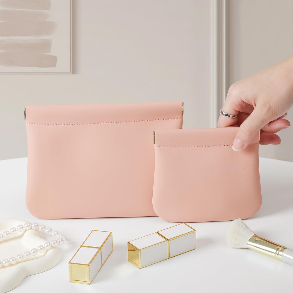 MEIBOOCH organosilicon leather mini bag in pink provides durable waterproof protection for cosmetics.