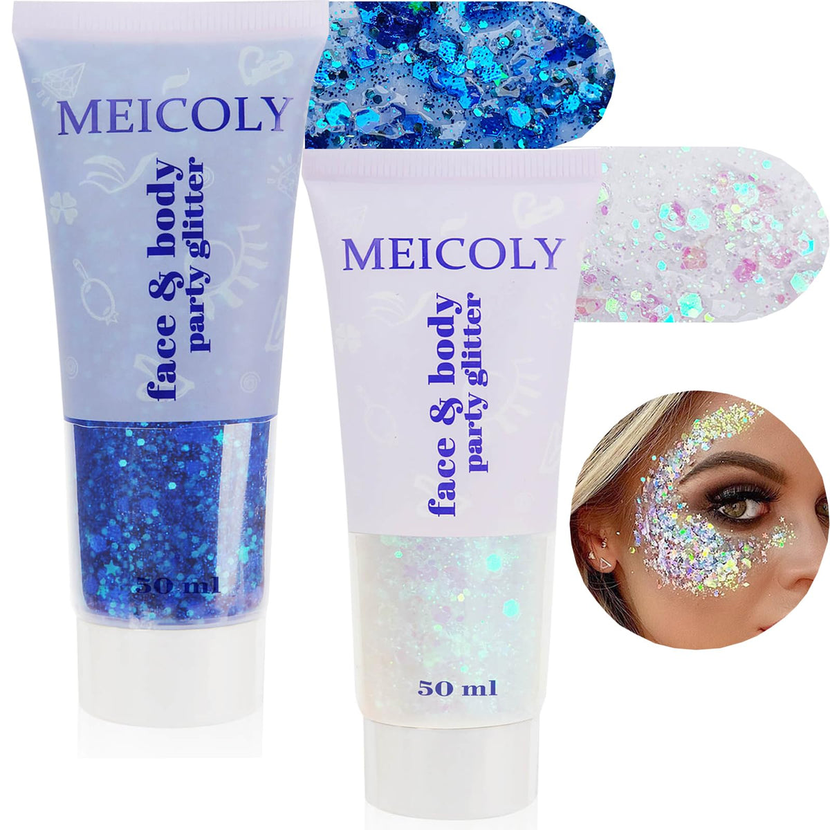 MEICOLY blue glitter bottle 50ml for bold stage shimmer
