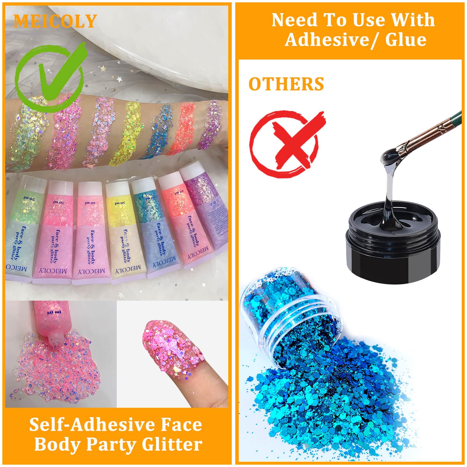 MEICOLY glitter in hair reflects light with pink-to-purple shift