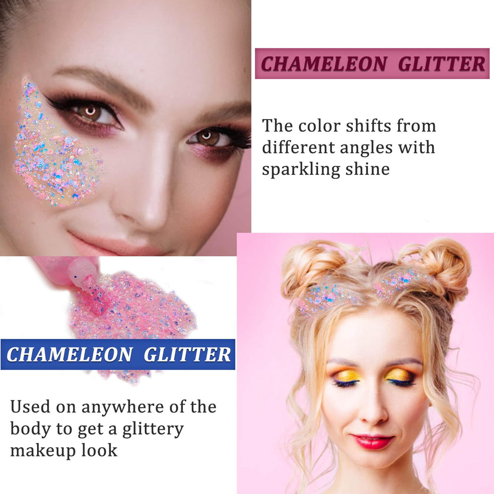 MEICOLY Chameleon Baby Pink Glitter on face shows festival glow