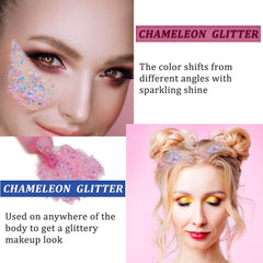 MEICOLY Chameleon Baby Pink Glitter on face shows festival glow