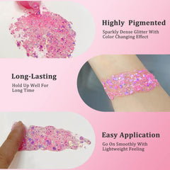 MEICOLY Chameleon dense glitter gel provides long-lasting shine without flaking.