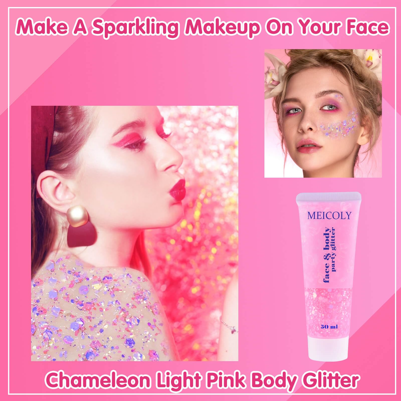 MEICOLY Chameleon light pink glitter on face delivers color-shifting glow for dramatic eye art.