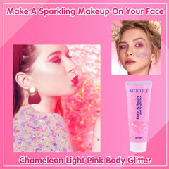 MEICOLY Chameleon light pink glitter on face delivers color-shifting glow for dramatic eye art.