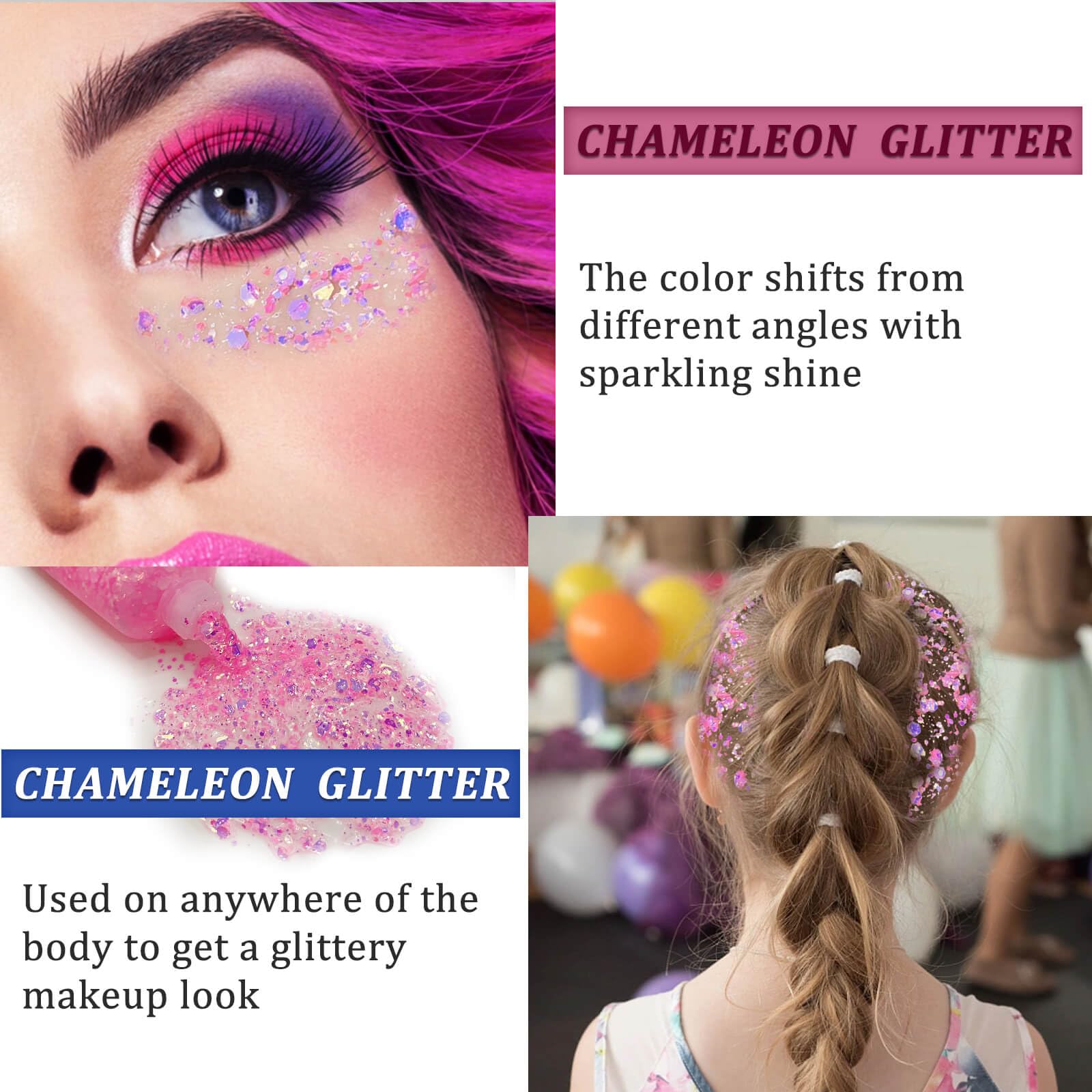 MEICOLY Chameleon light pink glitter glistens in sun for outdoor performances.