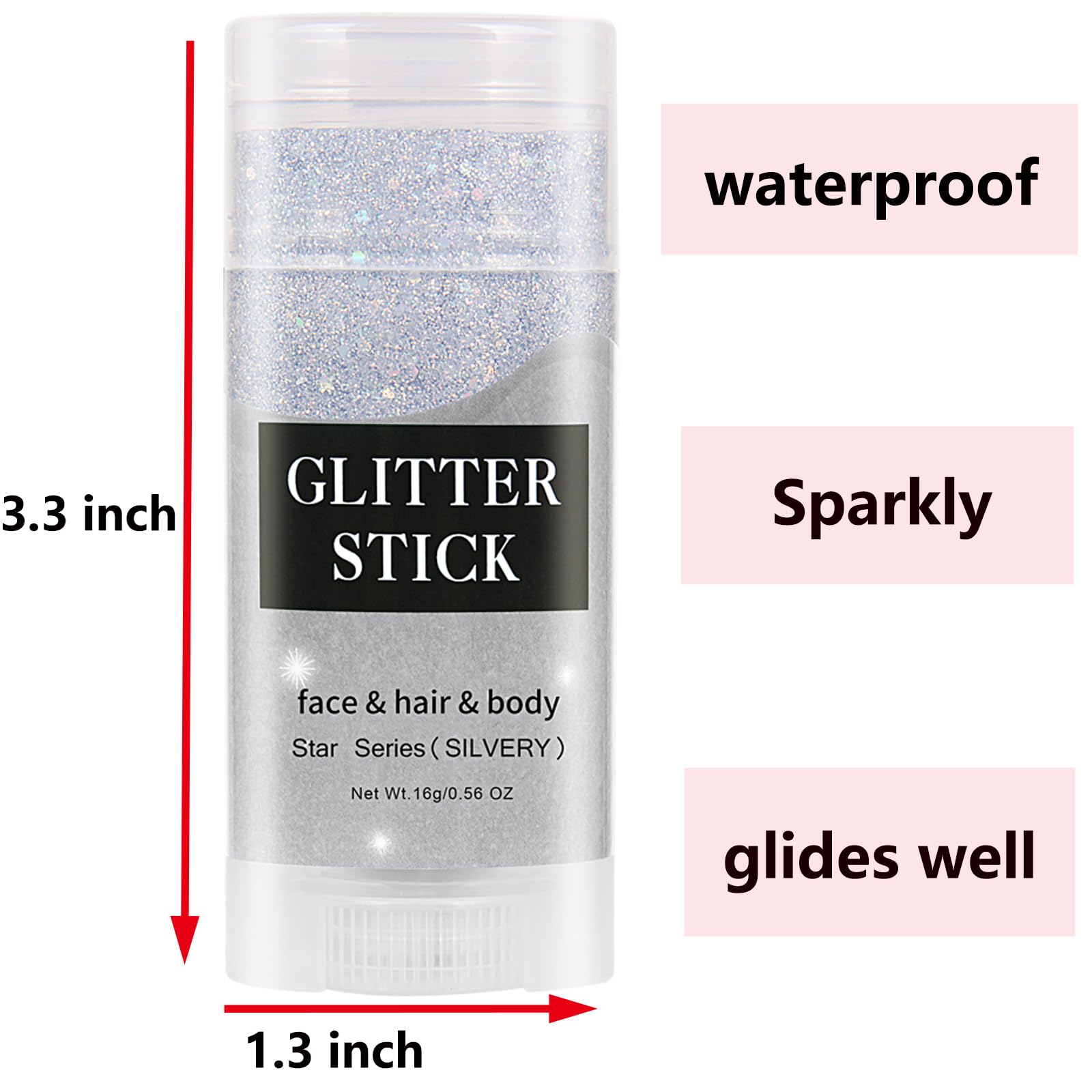 MEICOLY face glitter closeup showing vibrant shimmer and quick-dry formula.
