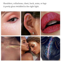 MEICOLY glitter gel applied to hair adds dynamic sparkle for night-out looks.