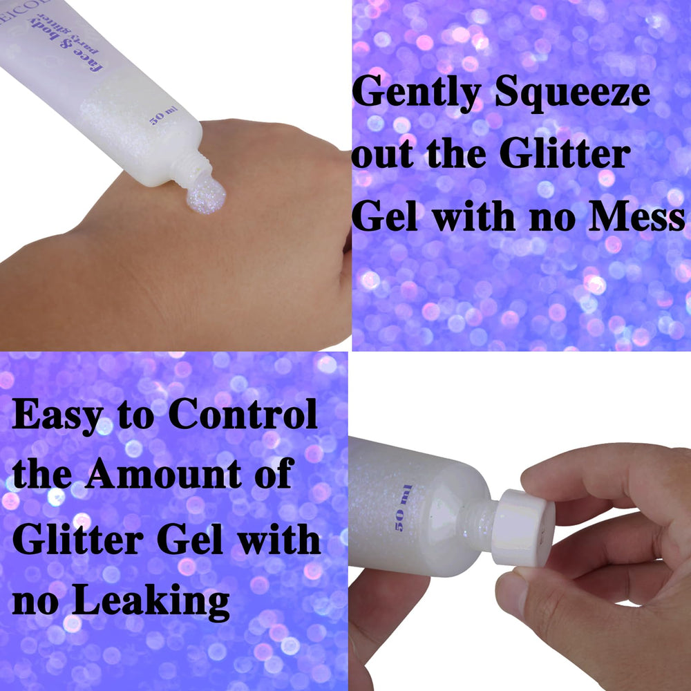 MEICOLY glitter on lips and cheeks enhances playful, high-fashion accents.