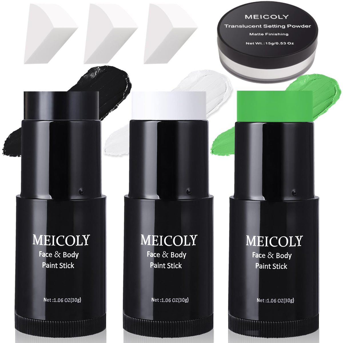 MEICOLY green face paint stick close-up highlighting creamy texture for vibrant cosplay effects