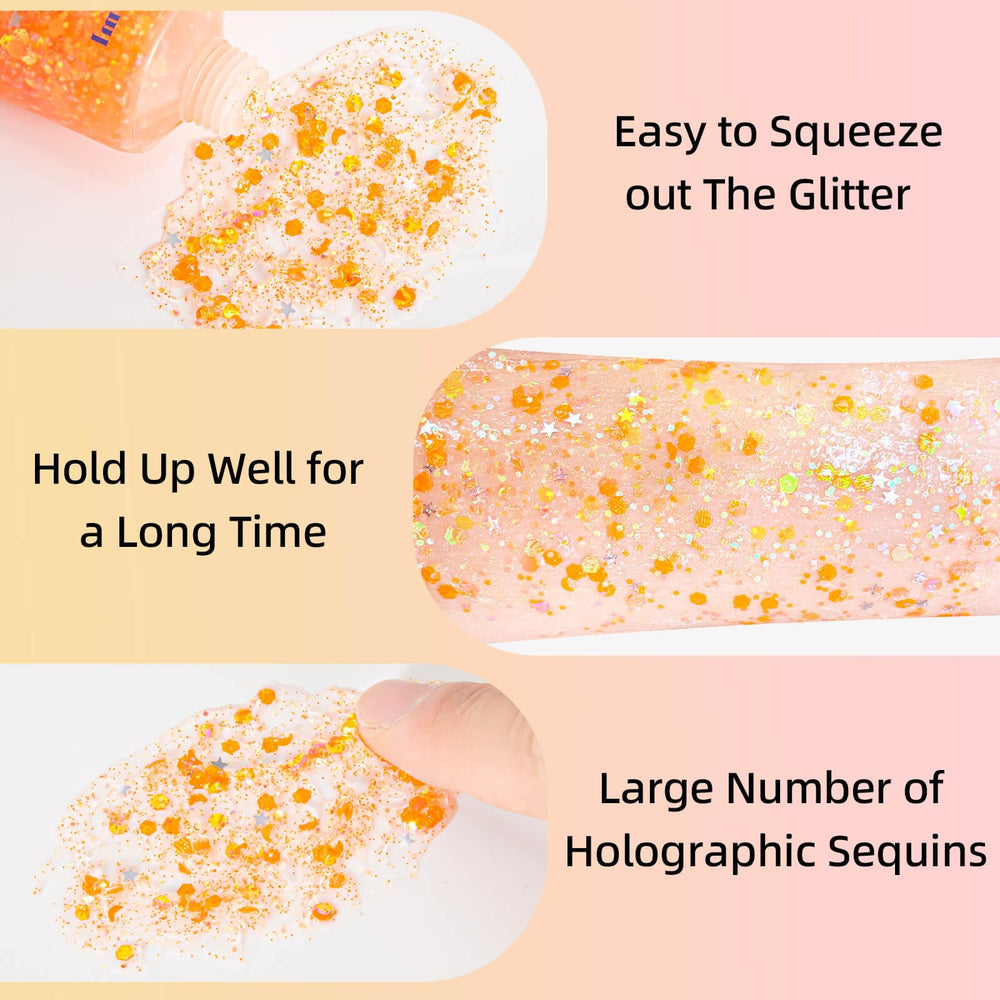 MEICOLY halloween glitter gel adds festival glow to costumes and makeup.