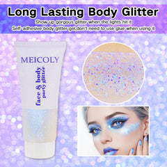 MEICOLY holographic sequins gel on face displaying color-changing shine for bold makeup.