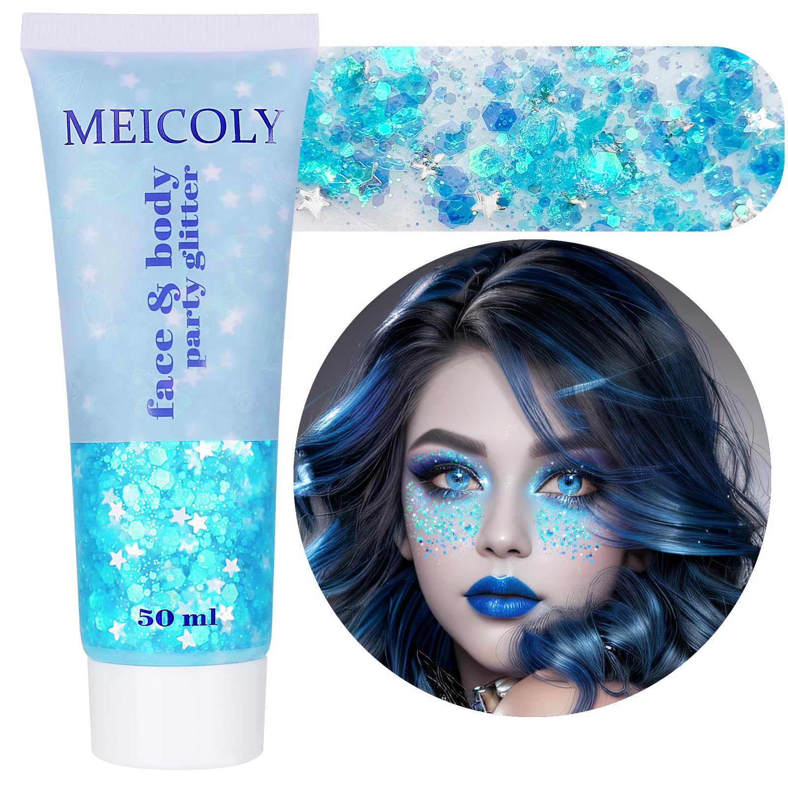 MEICOLY light-blue body glitter 50ml tube adds radiant skin shimmer for party looks.