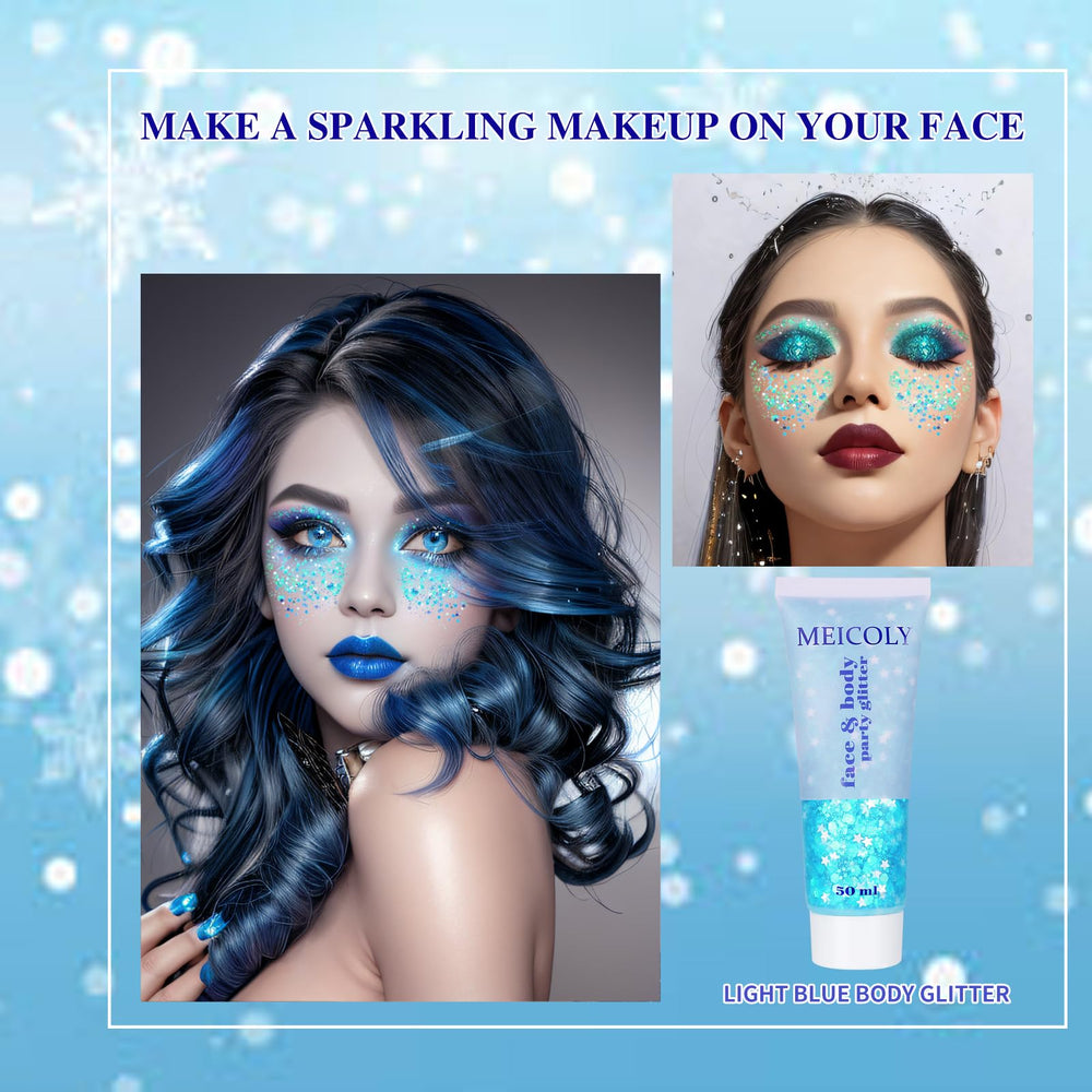 MEICOLY mermaid princess face glitter gel highlights facial features with iridescent glow.