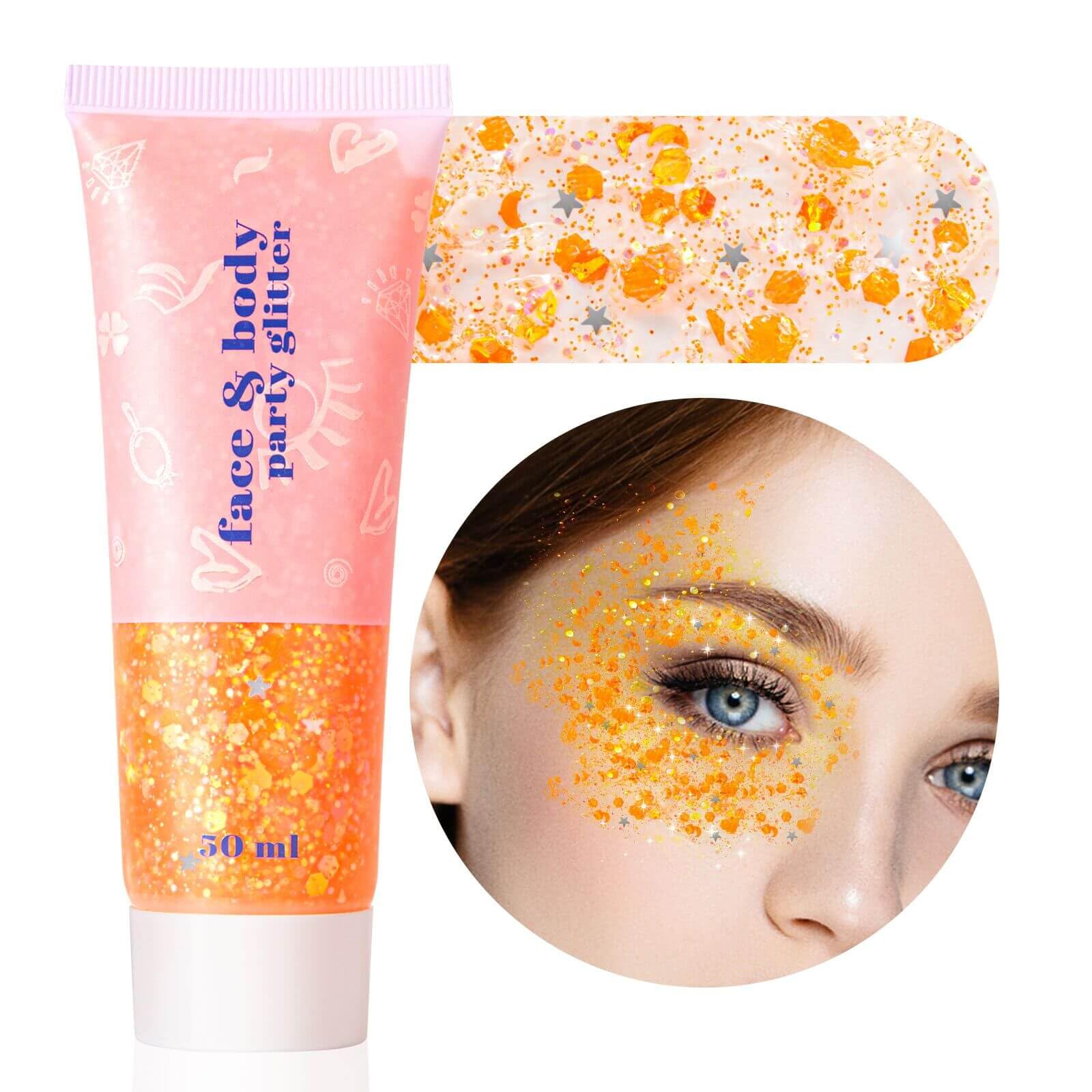MEICOLY orange glitter gel applied to face and body for radiant festival glow.