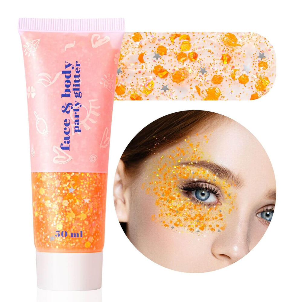 MEICOLY orange glitter gel applied to face and body for radiant festival glow.