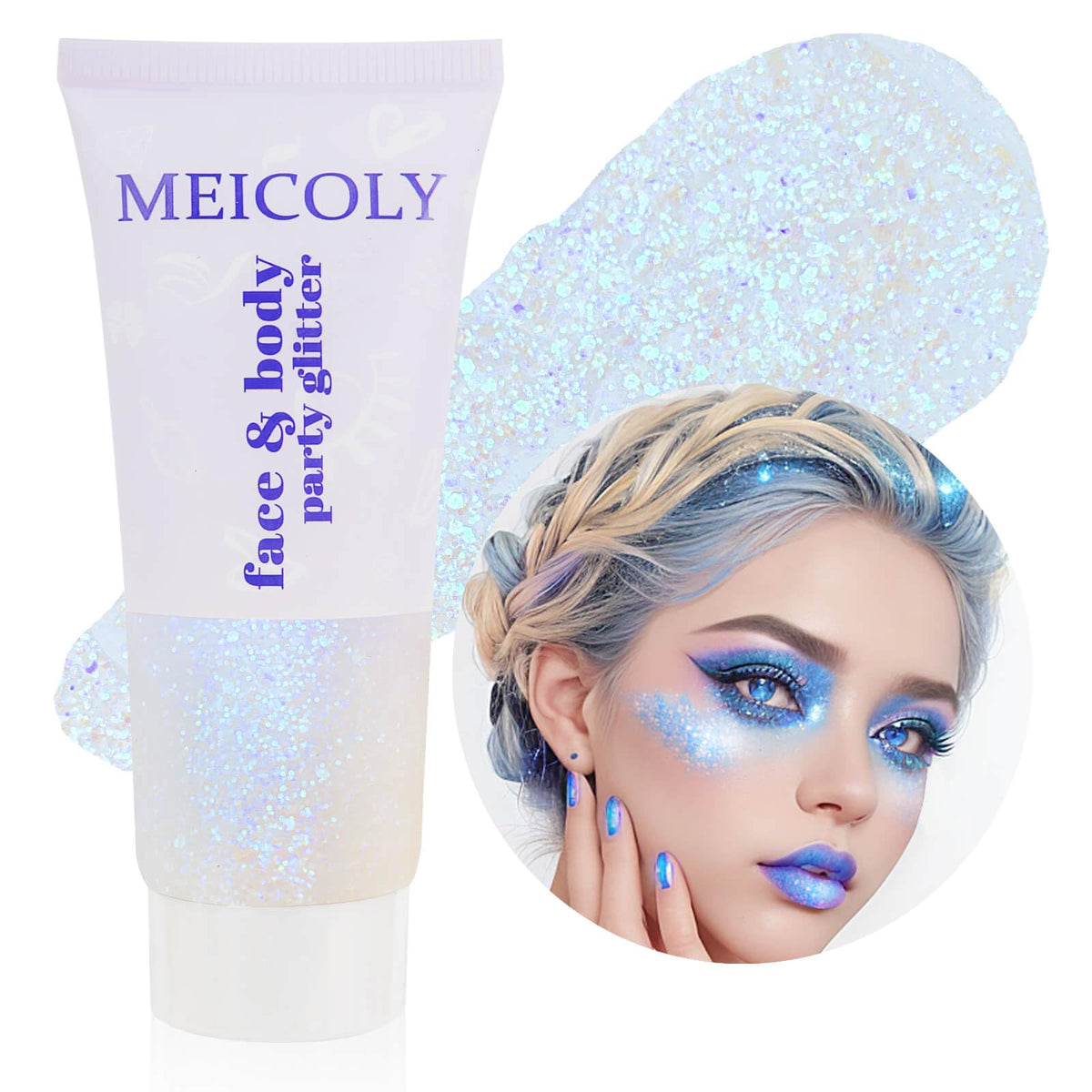 MEICOLY Sparkling Blue Body Glitter on skin showcasing rainbow-like shimmer for festival looks.