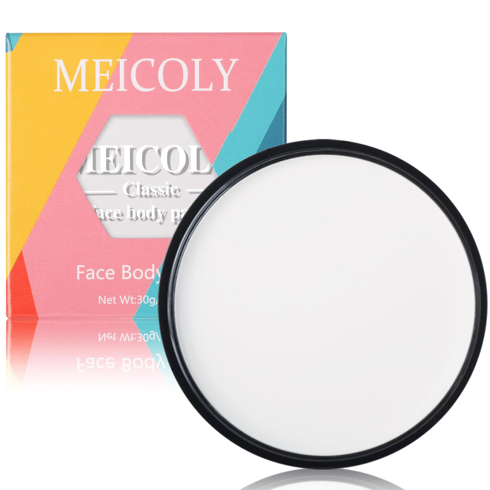 MEICOLY white face paint jar closeup shows high pigment for full coverage