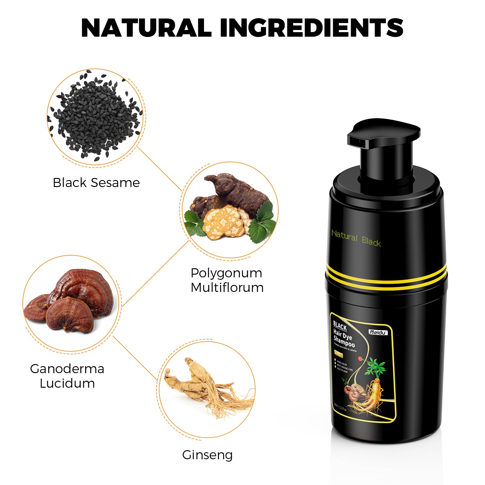 MEIDU 3in1 hair dye shampoo bottle emphasizes all in one care