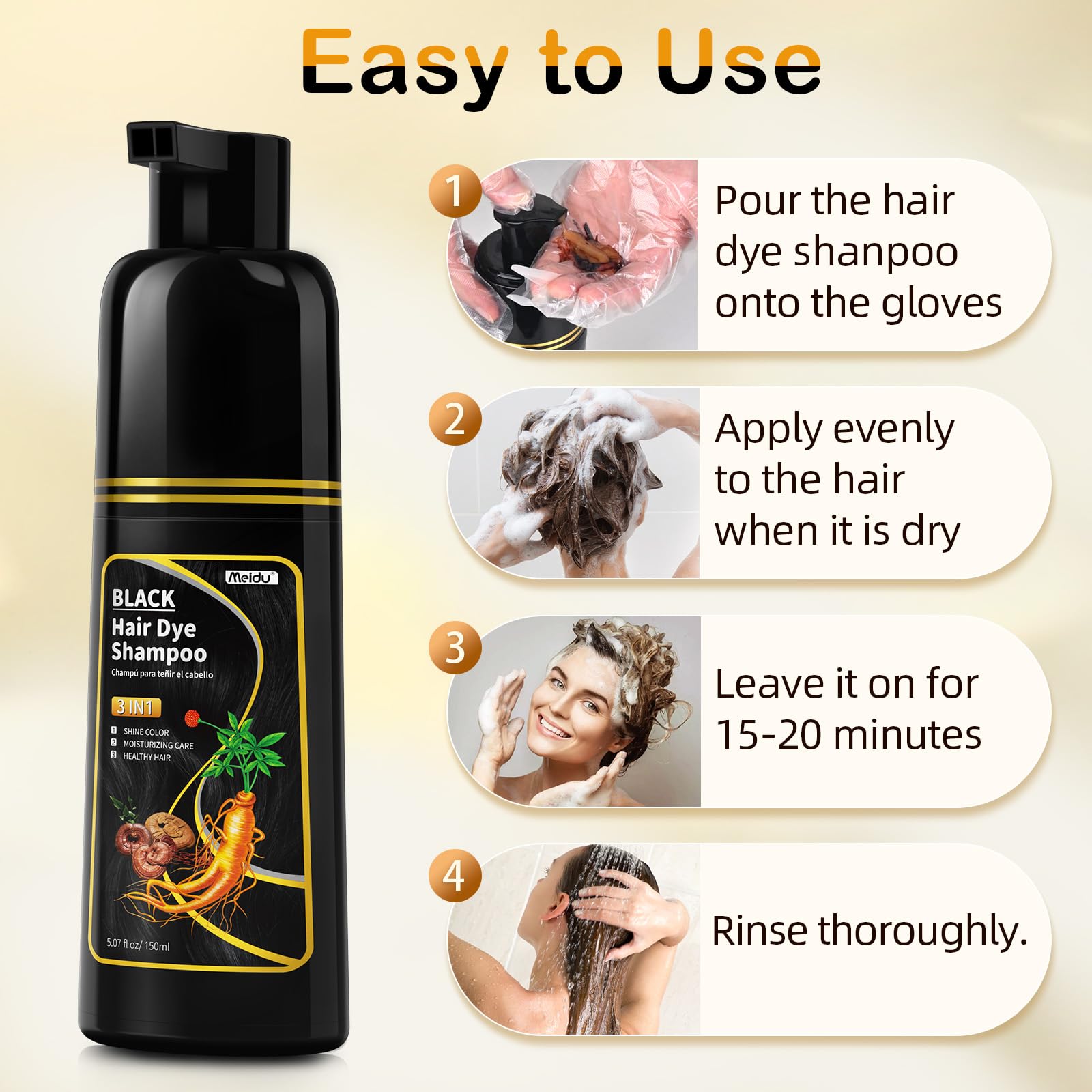 MEIDU hair dye shampoo apply-on-hair demonstrates even coverage.