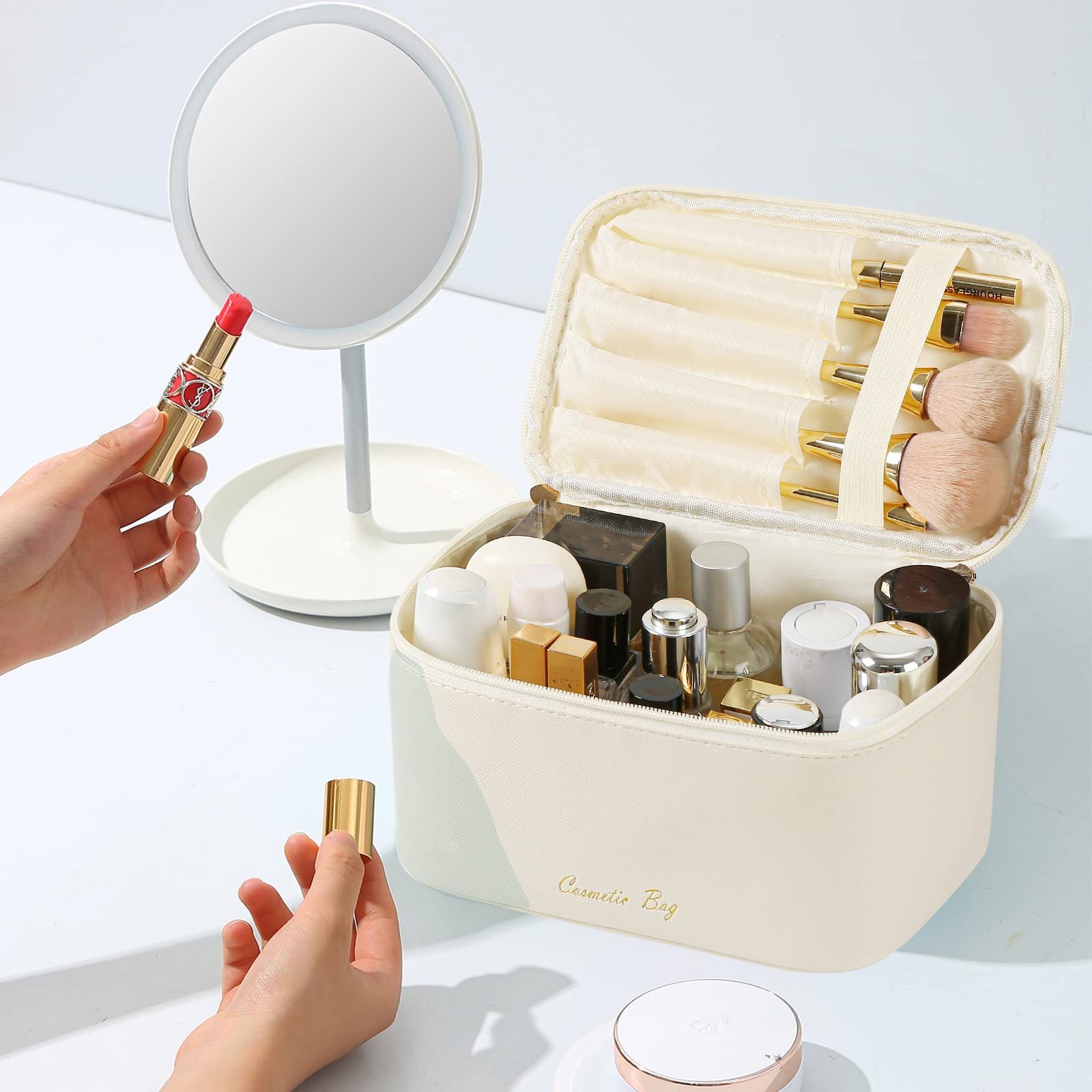 Meiyuuo cosmetic bag with off white lining for easy maintenance