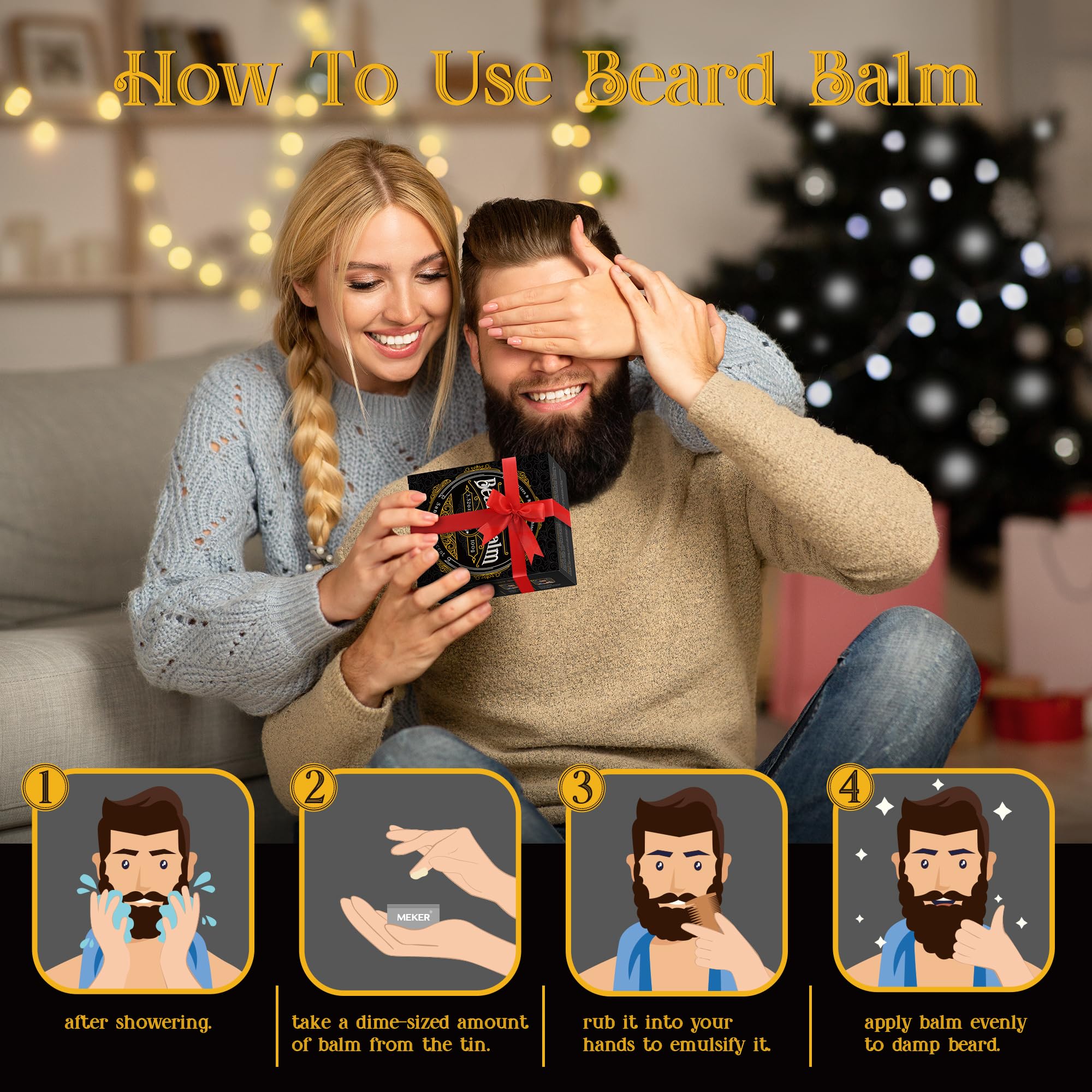 Hands applying balm to damp beard to reduce itch.