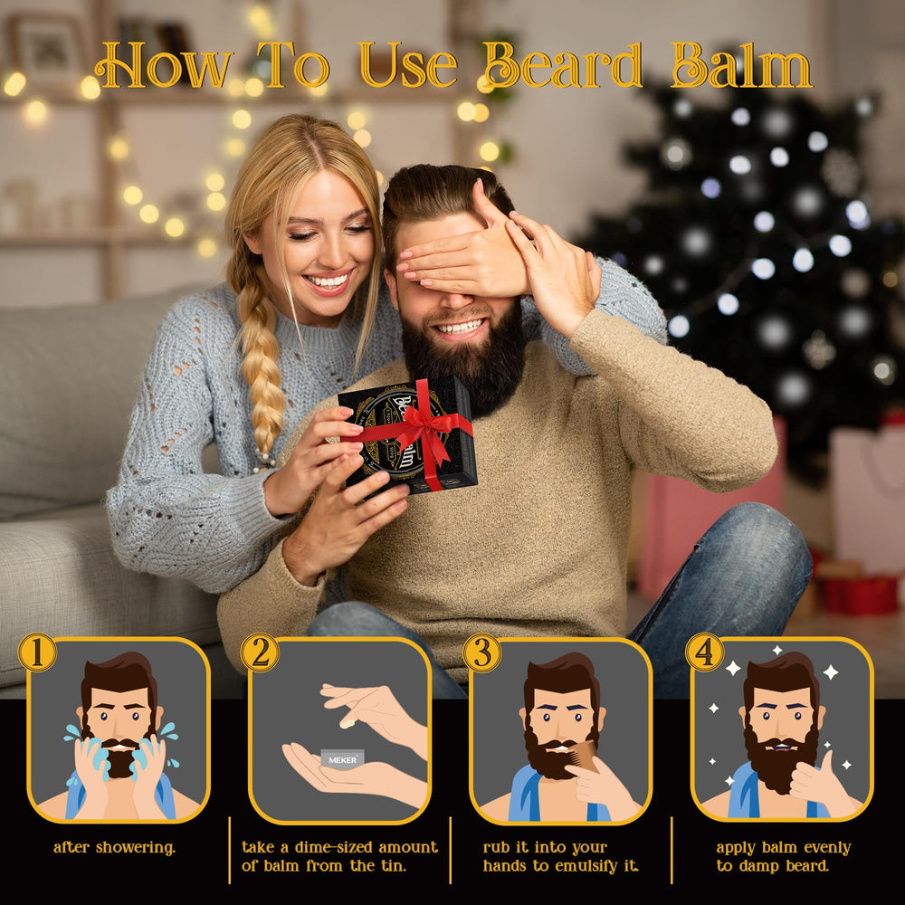 Hands applying balm to damp beard to reduce itch.