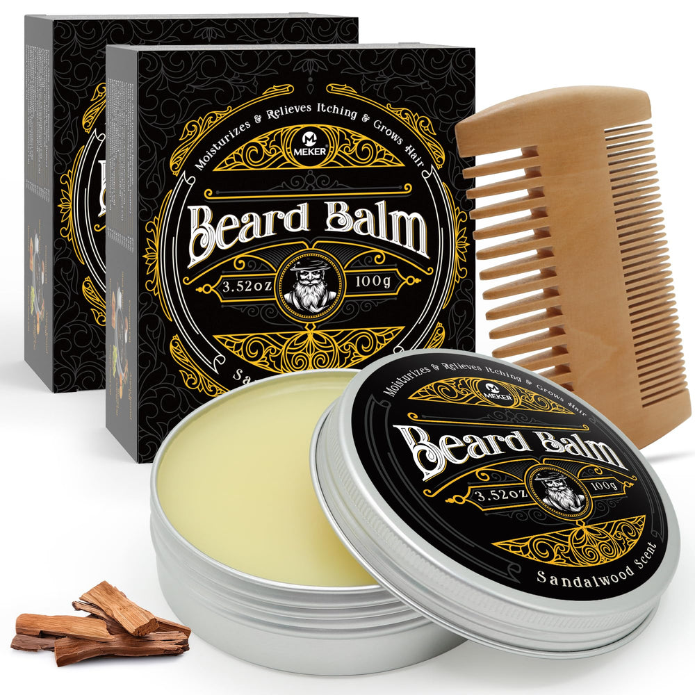 MEKER beard balm tin close-up shows natural organic ingredients for soothing skin.