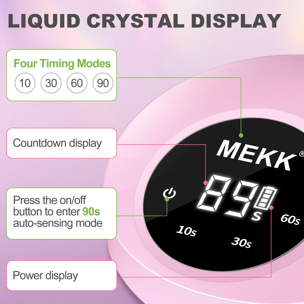 MEKK nail lamp with 10s/30s/60s timers for flexible curing sessions.