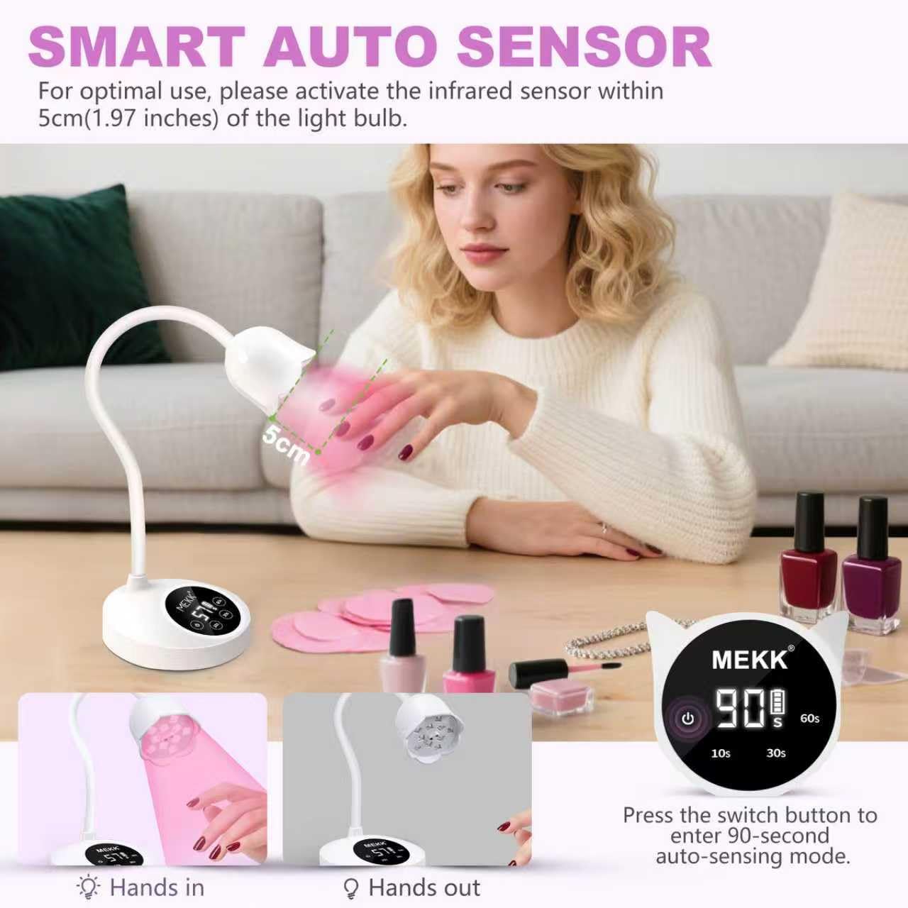 MEKK Gooseneck UV Nail Lamp timing modes with 10s/30s/60s options.