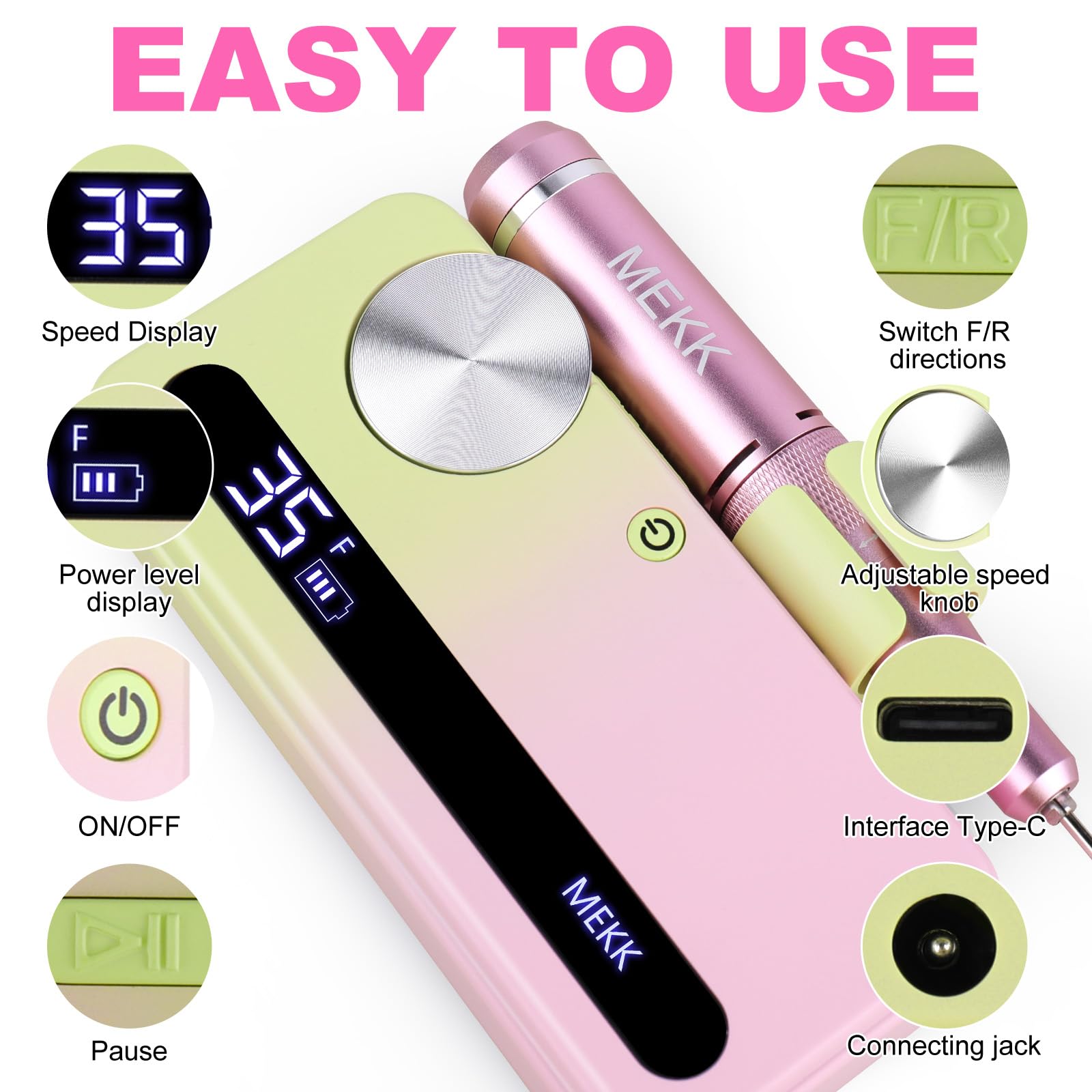 MEKK Nail Drill Kit ergonomic grip minimizes fatigue for extended home or studio use.