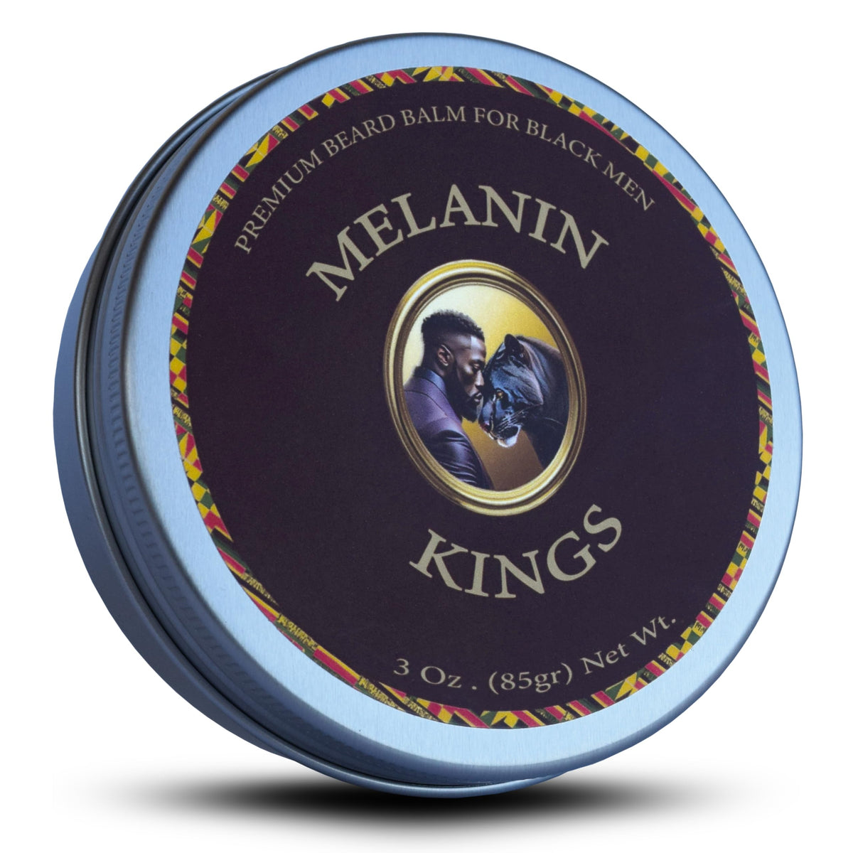Melanin Kings beard balm 3oz bottle demonstrates frizz control and smooth grooming.