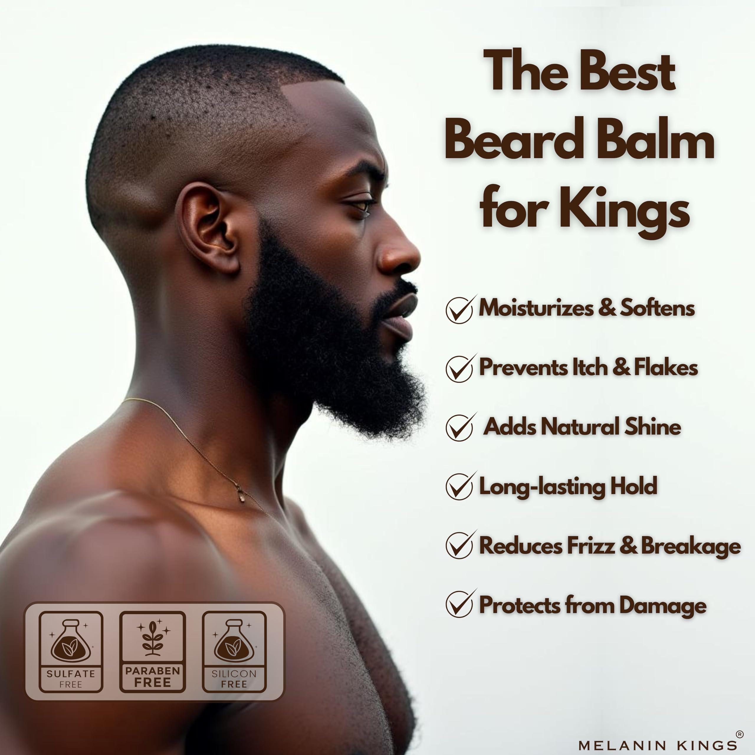 Melanin Kings beard balm with Kenyan sandalwood scent evokes warm daily fragrance.