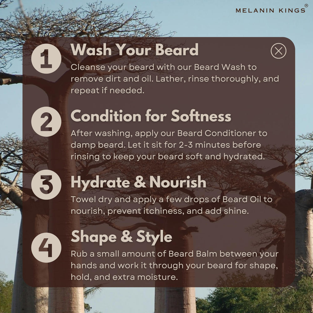 Sleek packaging of Melanin Kings beard balm highlights premium, African-inspired formulation.