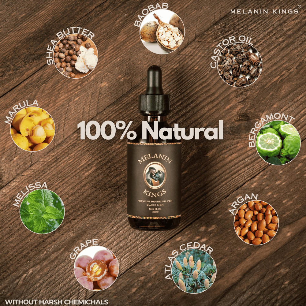 Droplet of Melanin Kings beard oil on palm for easy application.