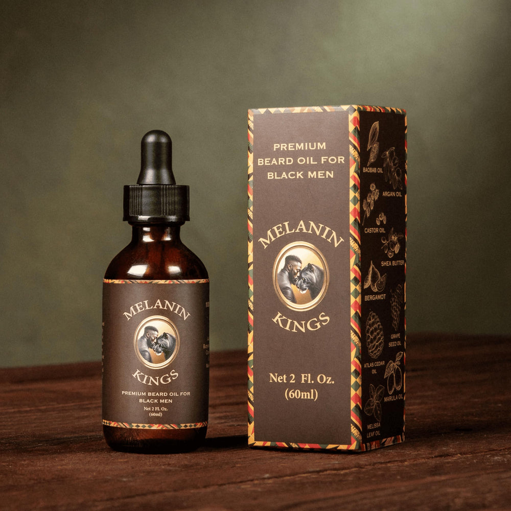 2oz Melanin Kings beard oil packaging for daily grooming.
