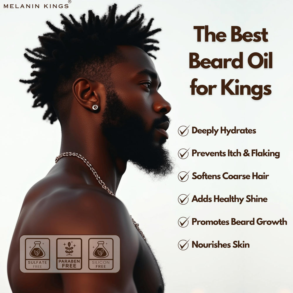 Melanin Kings beard oil bottle beside sandalwood scent for a calming grooming ritual.