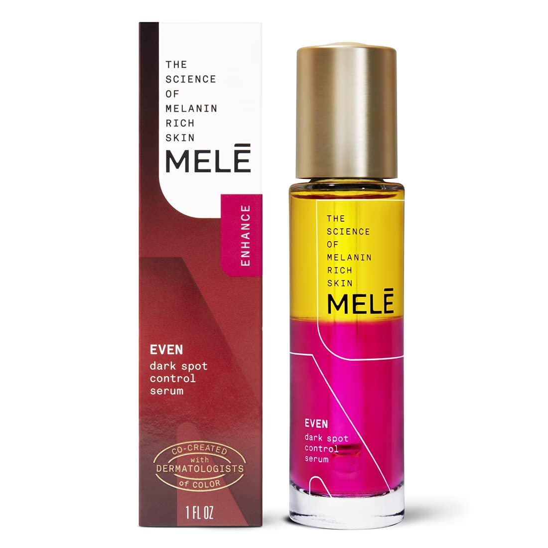 MELE Even Dark Spot Control Serum bottle showcases a two-phase formula for brighter, more even skin